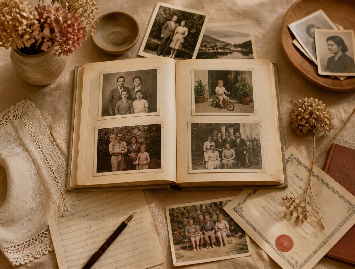 Aufgeschlagenes Familienalbum mit Fotos mehrerer Generationen, Briefen und einer Urkunde